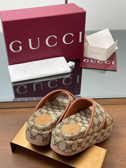 GG PLATFORM SANDALS IN BEIGE AND DARK BROWN GG CANVAS mysite