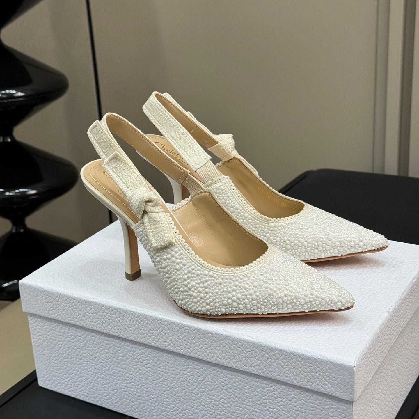 J'ADIOR POINTED TOE SLINGBACK PUMPS IN WHITE BEADED FABRIC mysite