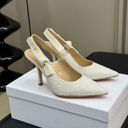 J'ADIOR POINTED TOE SLINGBACK PUMPS IN WHITE BEADED FABRIC mysite