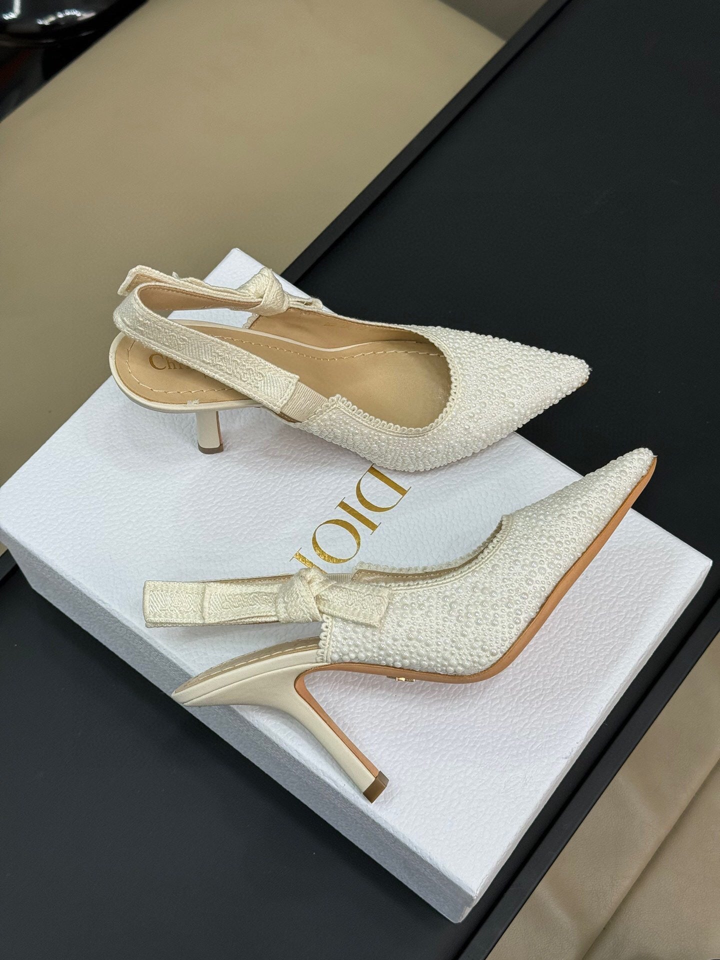 J'ADIOR POINTED TOE SLINGBACK PUMPS IN WHITE BEADED FABRIC mysite