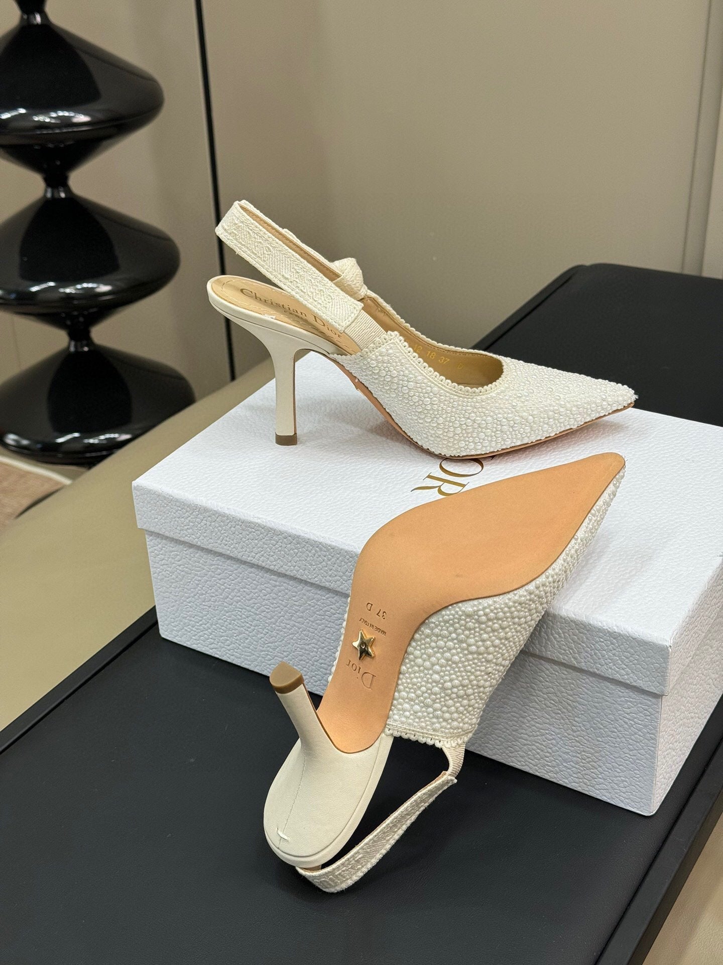 J'ADIOR POINTED TOE SLINGBACK PUMPS IN WHITE BEADED FABRIC mysite