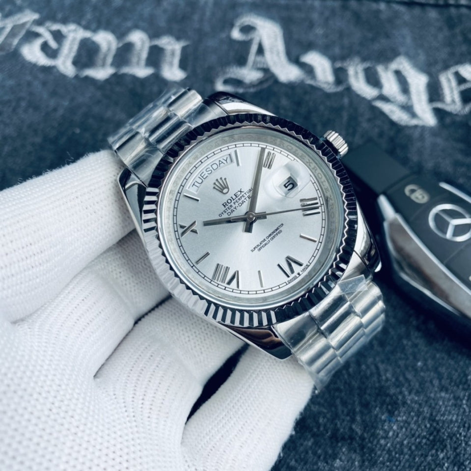 Luxury Automatic Watch for Men Mechanical Wristwatch Stainless Steel Day/Date Silver 100204