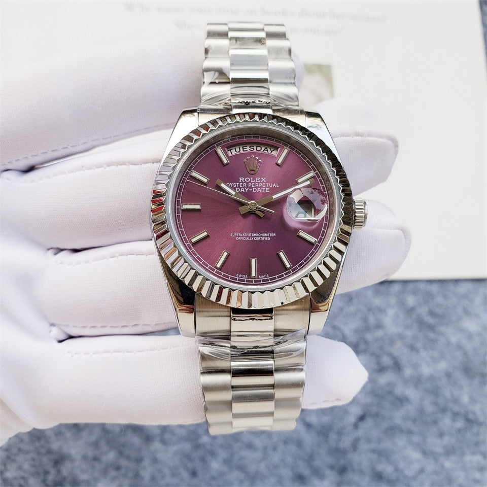 Luxury Automatic Watch for Men Mechanical Wristwatch Stainless Steel Day/Date Red Dial 100203