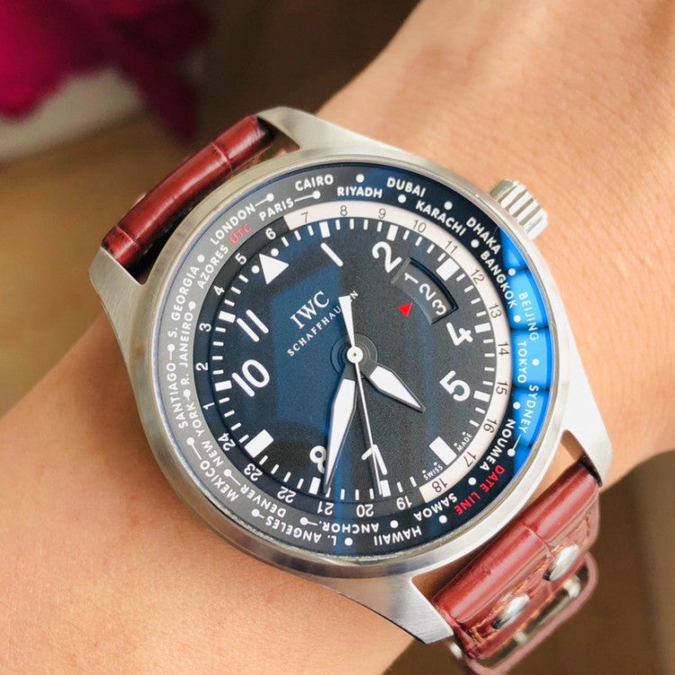 Replica Pilot Worldtimer IW326201 Steel Black Dial Brown Alligator Strap 44mm