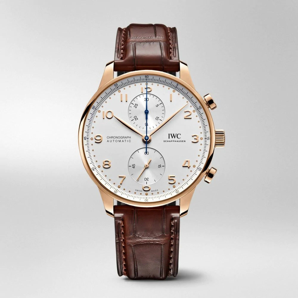 Replica Portugieser Chronograph IW371611 Steel White Dial Brown Alligator Strap 40.9mm