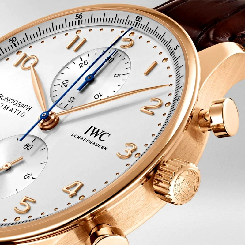 Replica Portugieser Chronograph IW371611 Steel White Dial Brown Alligator Strap 40.9mm