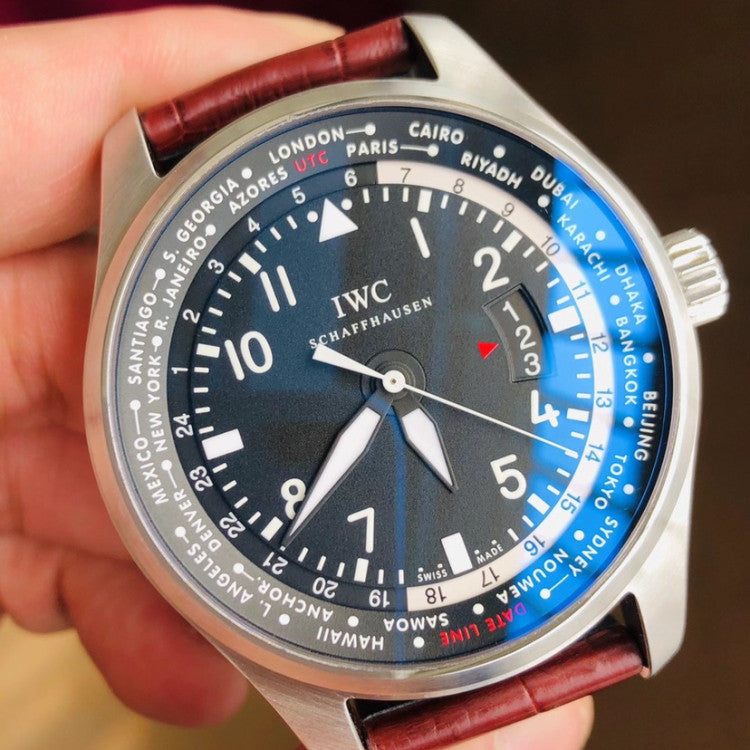 Replica Pilot Worldtimer IW326201 Steel Black Dial Brown Alligator Strap 44mm