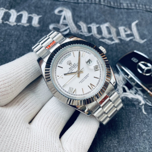 Luxury Automatic Watch for Men Mechanical Wristwatch Stainless Steel Day/Date White Dial 100207