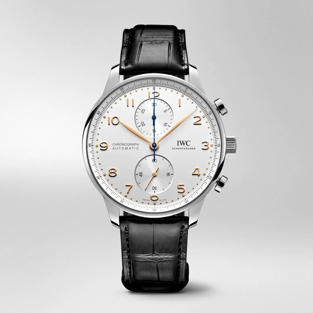 Replica Portugieser Chronograph IW371480 Rose Gold White Dial Brown Alligator Strap 40.9mm