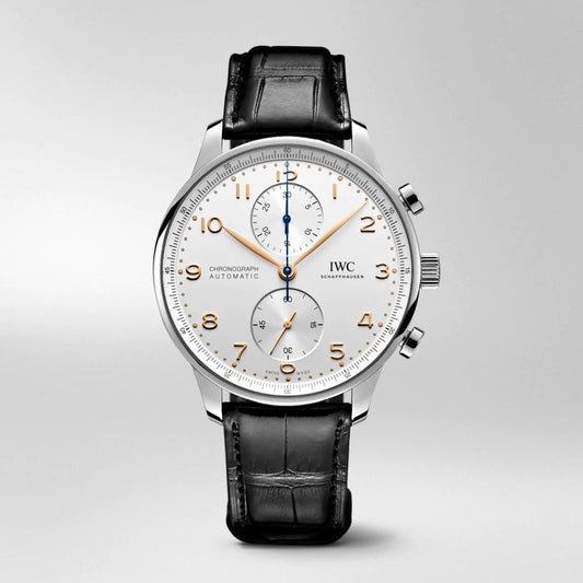 Replica Portugieser Chronograph IW371480 Rose Gold White Dial Brown Alligator Strap 40.9mm