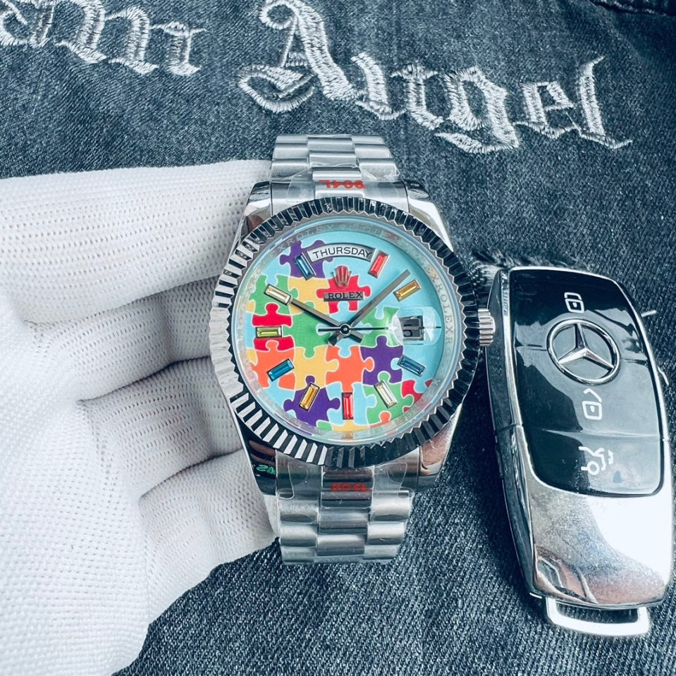 Luxury Automatic Watch for Men Mechanical Wristwatch Stainless Steel Day/Date Puzzle Silver 100210