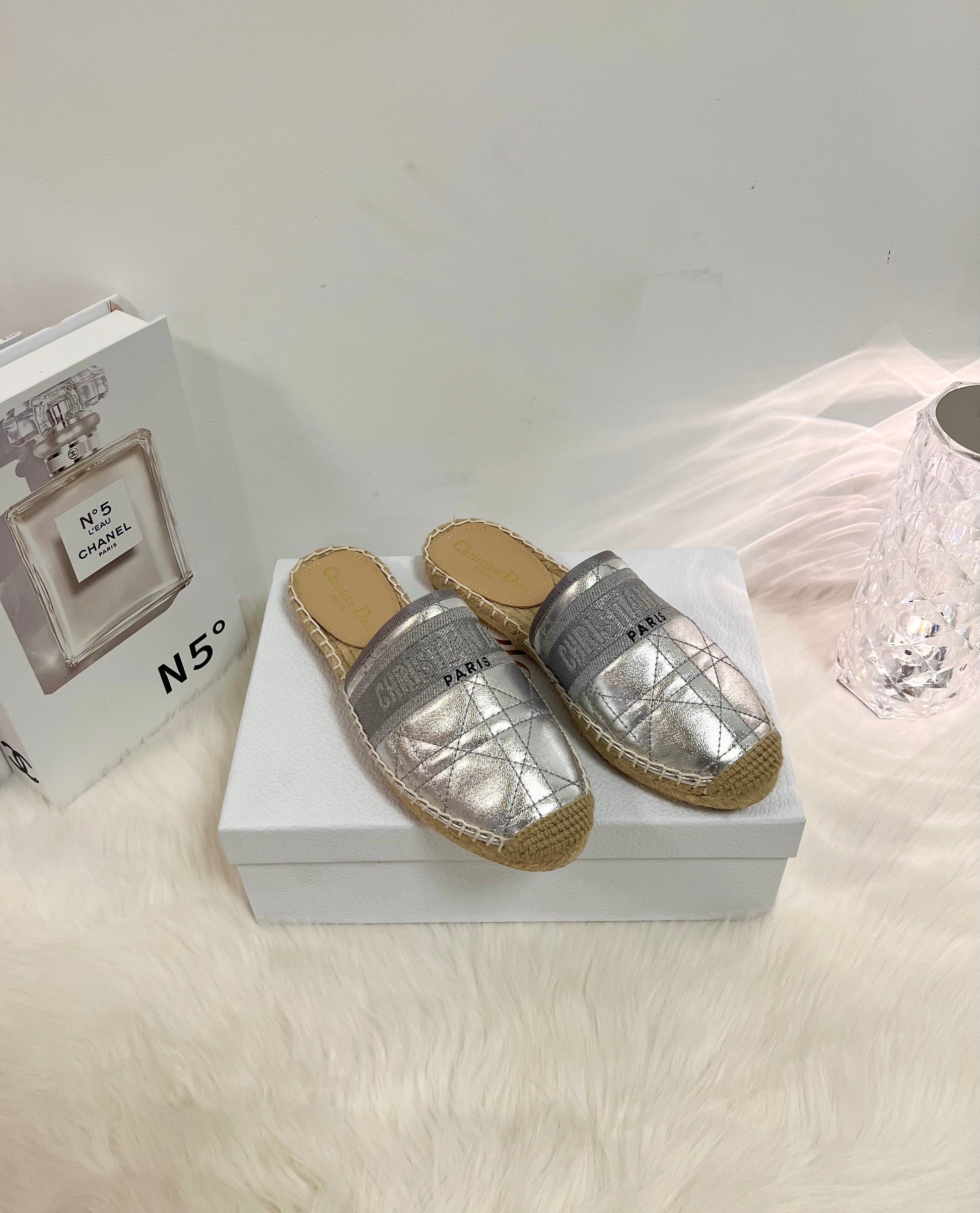 GRANVILLE ESPADRILLE MULE SILVER QUILTED CANNAGE CALFSKIN mysite