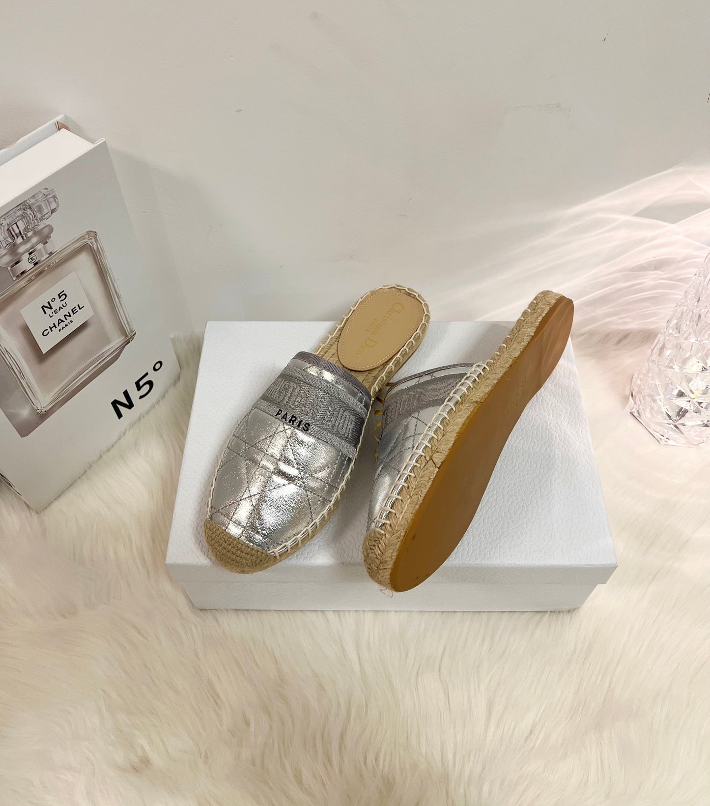 GRANVILLE ESPADRILLE MULE SILVER QUILTED CANNAGE CALFSKIN mysite