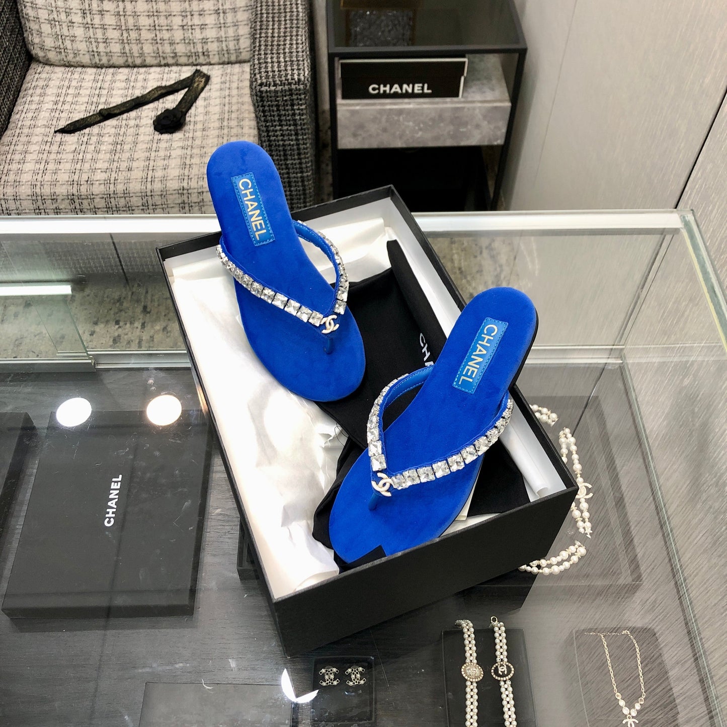 THONG SLIDE IN COBALT BLUE SUEDE WITH WHITE CRYSTALS mysite