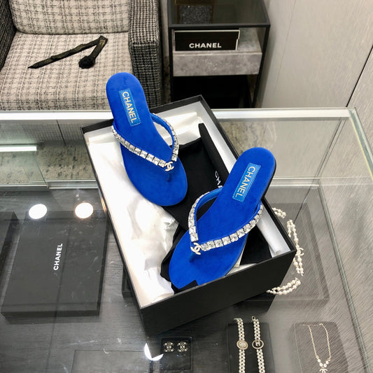 THONG SLIDE IN COBALT BLUE SUEDE WITH WHITE CRYSTALS mysite