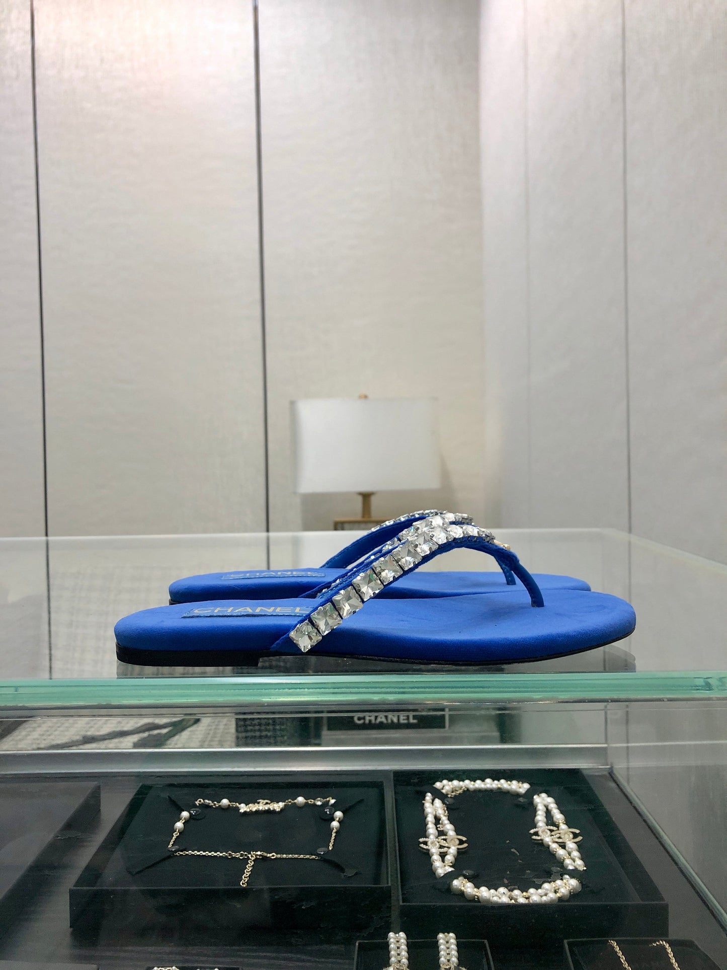 THONG SLIDE IN COBALT BLUE SUEDE WITH WHITE CRYSTALS mysite
