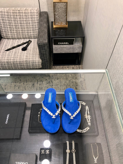 THONG SLIDE IN COBALT BLUE SUEDE WITH WHITE CRYSTALS mysite