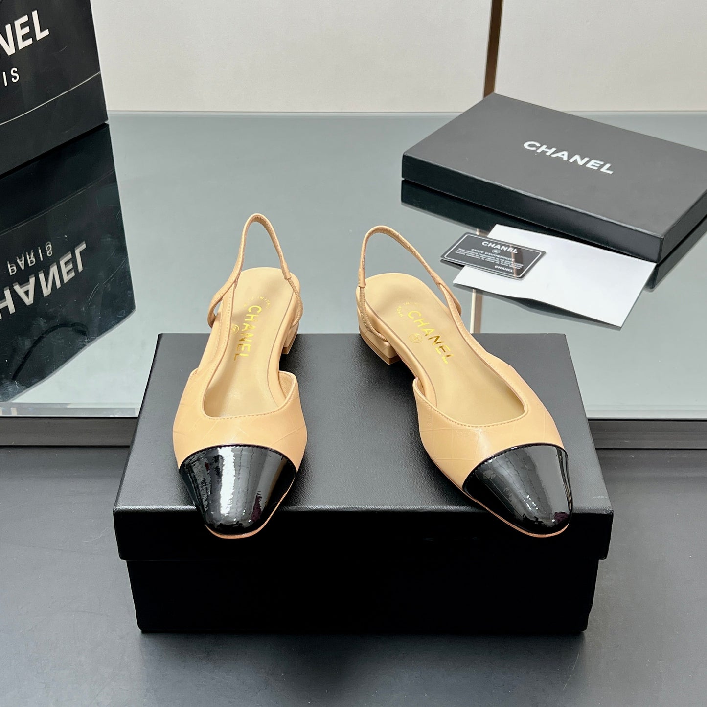 CC SLINGBACK 25S 25 MM IN BEIGE LAMBSKIN AND BLACK GLOSSY LEATHER WITH CHECK PATTERN mysite