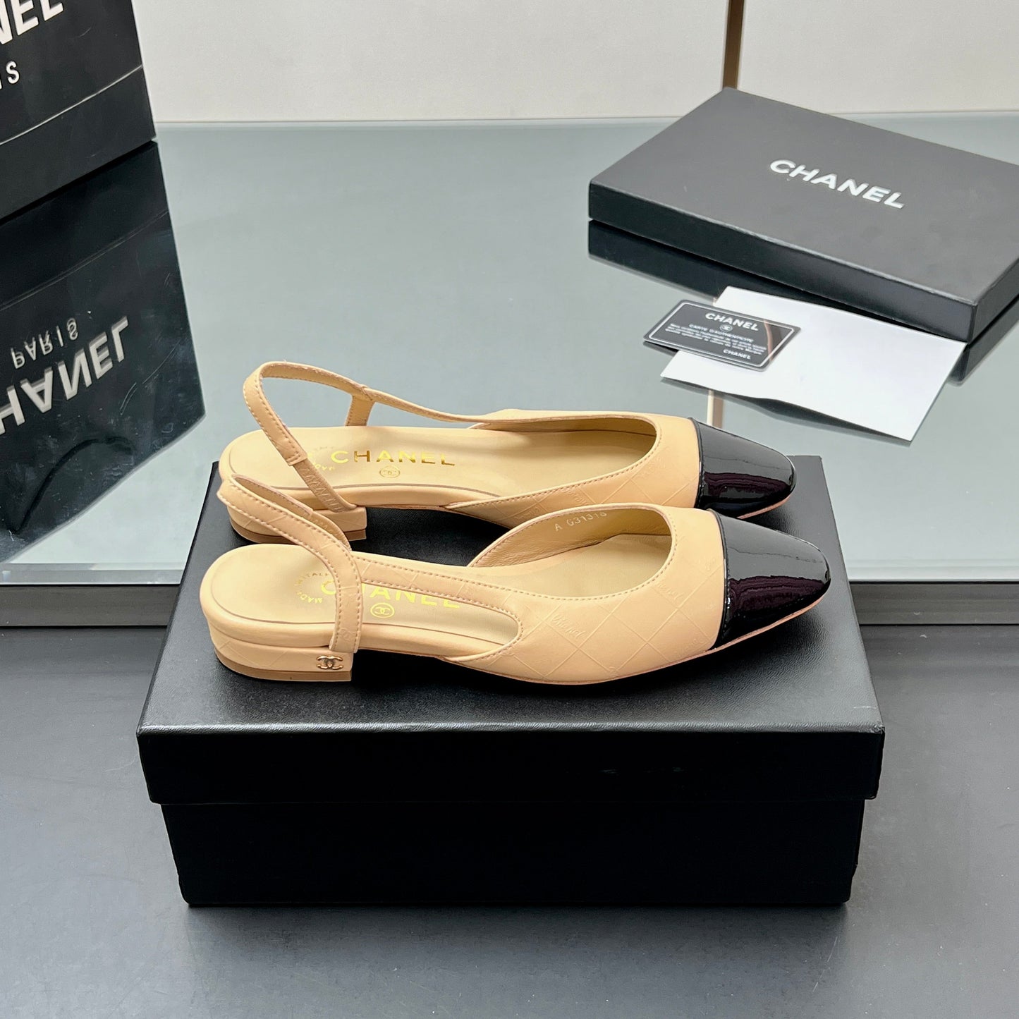CC SLINGBACK 25S 25 MM IN BEIGE LAMBSKIN AND BLACK GLOSSY LEATHER WITH CHECK PATTERN mysite