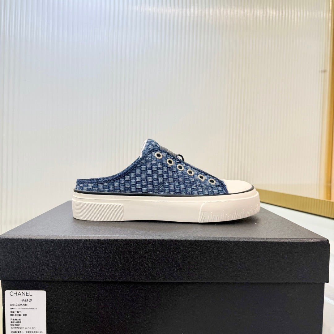 26S MULE SNEAKERS IN NAVY BLUE CHECKERED WOVEN DENIM FABRIC mysite