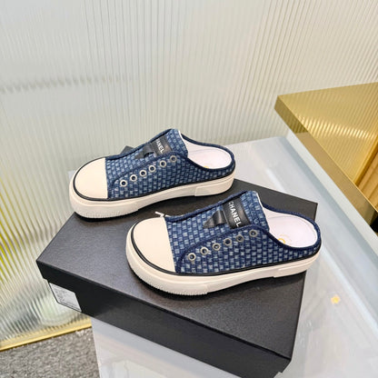 26S MULE SNEAKERS IN NAVY BLUE CHECKERED WOVEN DENIM FABRIC mysite