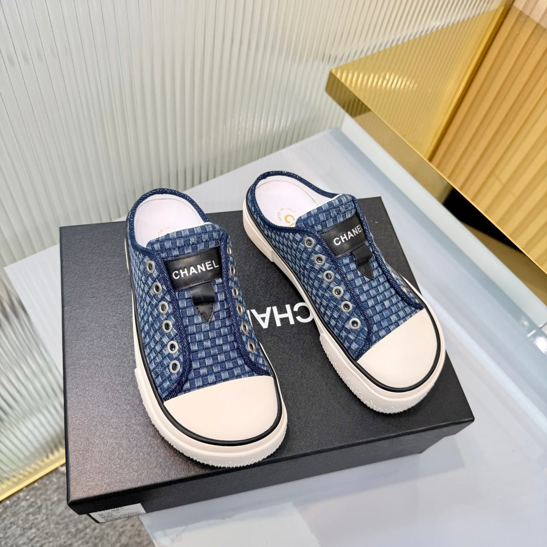 26S MULE SNEAKERS IN NAVY BLUE CHECKERED WOVEN DENIM FABRIC mysite