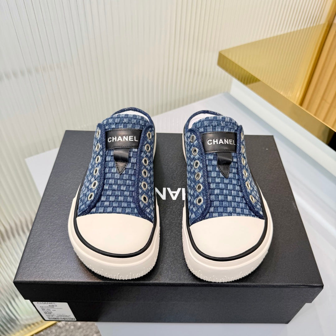 26S MULE SNEAKERS IN NAVY BLUE CHECKERED WOVEN DENIM FABRIC mysite