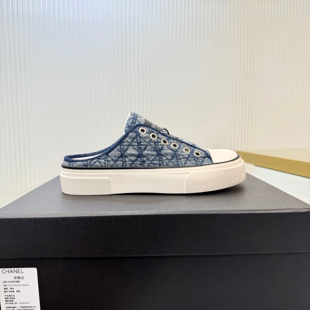 26S MULE SNEAKERS IN NAVY BLUE DIAMOND-PATTERNED WOVEN DENIM FABRIC mysite