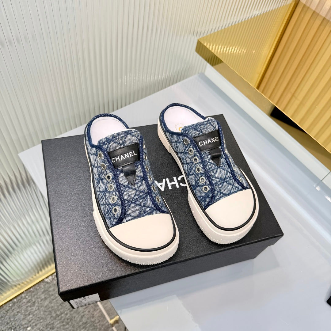 26S MULE SNEAKERS IN NAVY BLUE DIAMOND-PATTERNED WOVEN DENIM FABRIC mysite