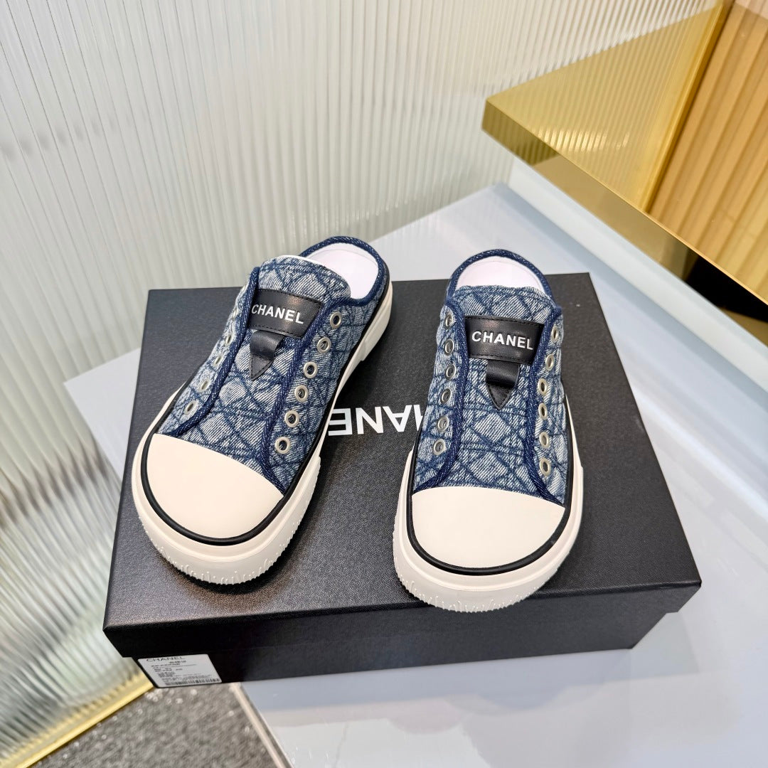26S MULE SNEAKERS IN NAVY BLUE DIAMOND-PATTERNED WOVEN DENIM FABRIC mysite