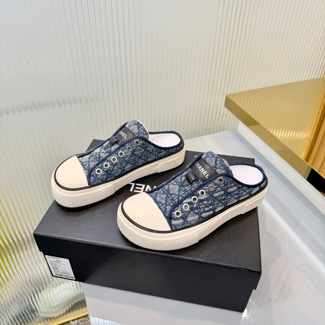 26S MULE SNEAKERS IN NAVY BLUE DIAMOND-PATTERNED WOVEN DENIM FABRIC mysite