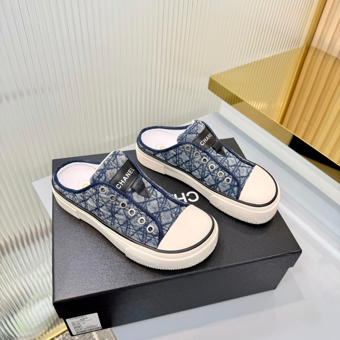 26S MULE SNEAKERS IN NAVY BLUE DIAMOND-PATTERNED WOVEN DENIM FABRIC mysite