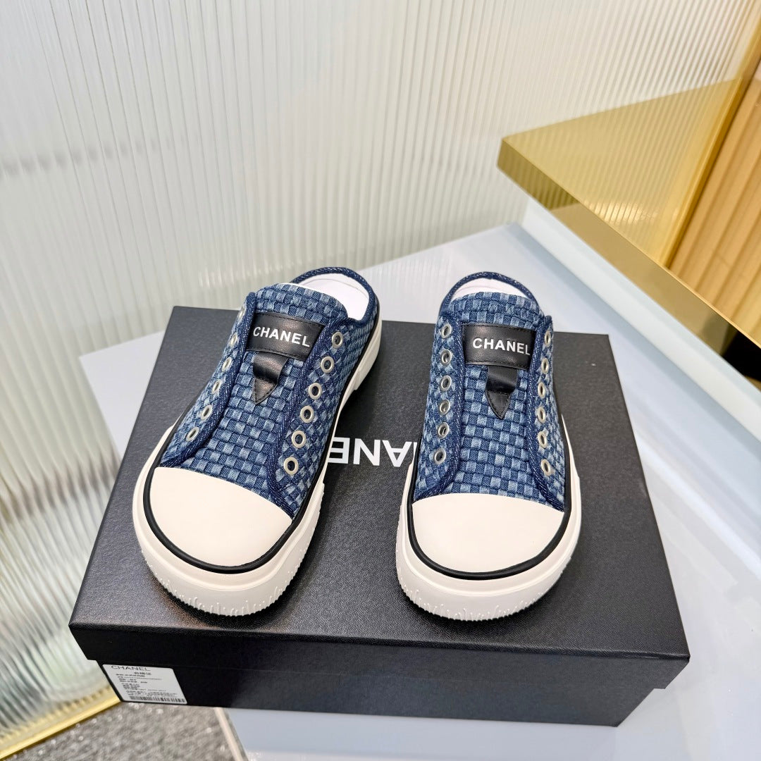 26S MULE SNEAKERS IN NAVY BLUE CHECKERED WOVEN DENIM FABRIC mysite