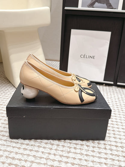 CHANEL 26S PEARL HIGH HEELS 55 MM IN BEIGE CALFSKIN WITH BLACK CC LOGO mysite