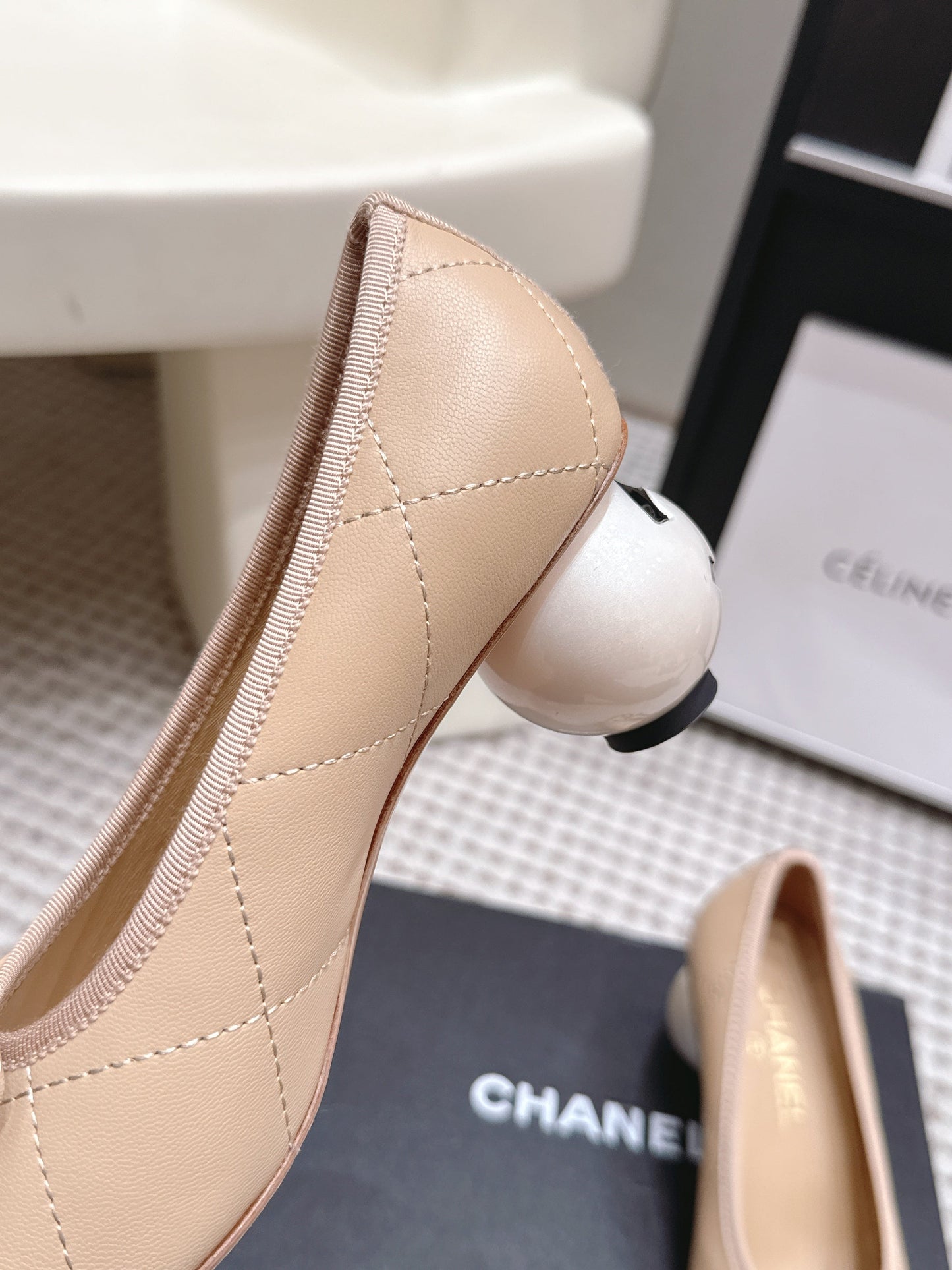 CHANEL 26S PEARL HIGH HEELS 55 MM IN BEIGE CALFSKIN WITH BLACK CC LOGO mysite