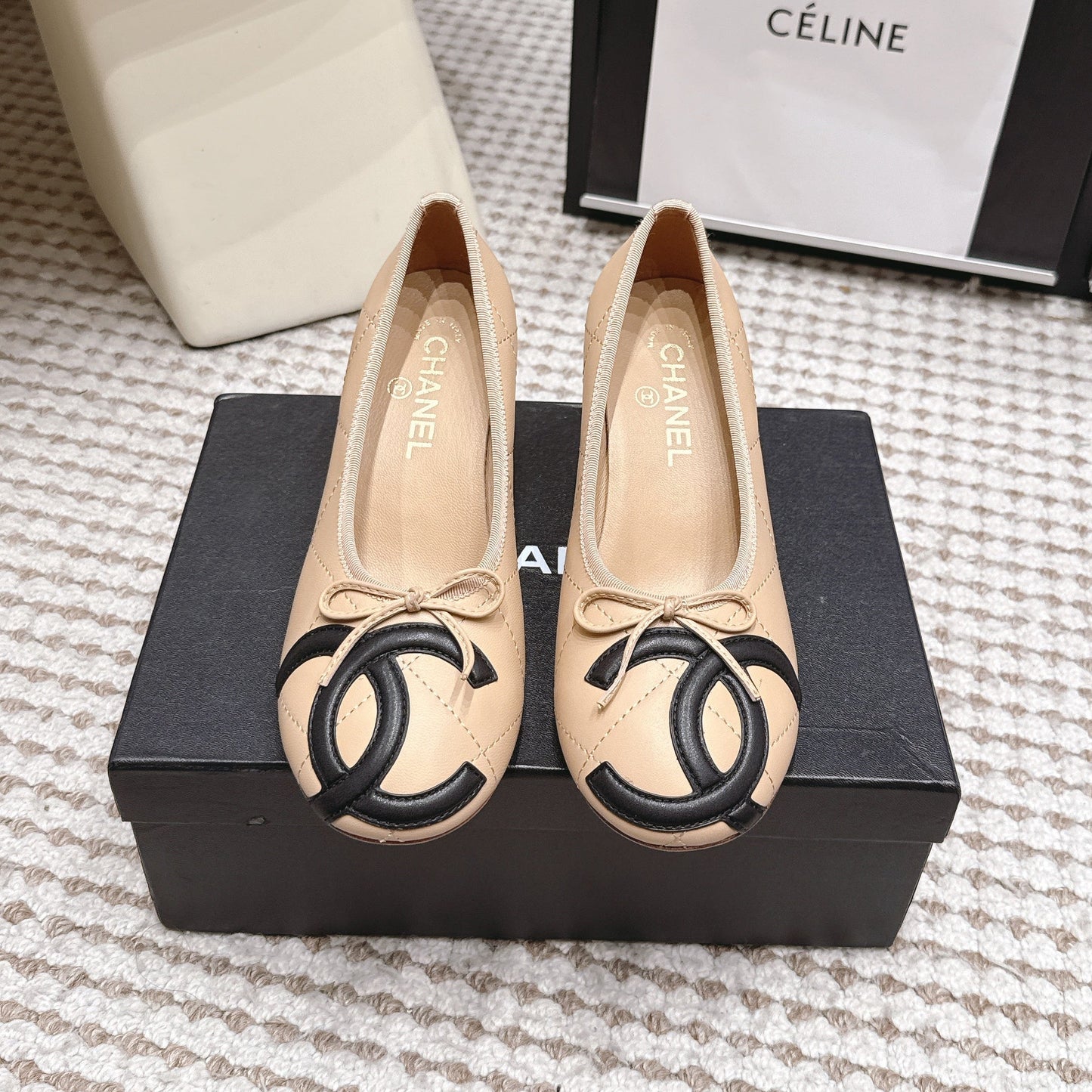 CHANEL 26S PEARL HIGH HEELS 55 MM IN BEIGE CALFSKIN WITH BLACK CC LOGO mysite