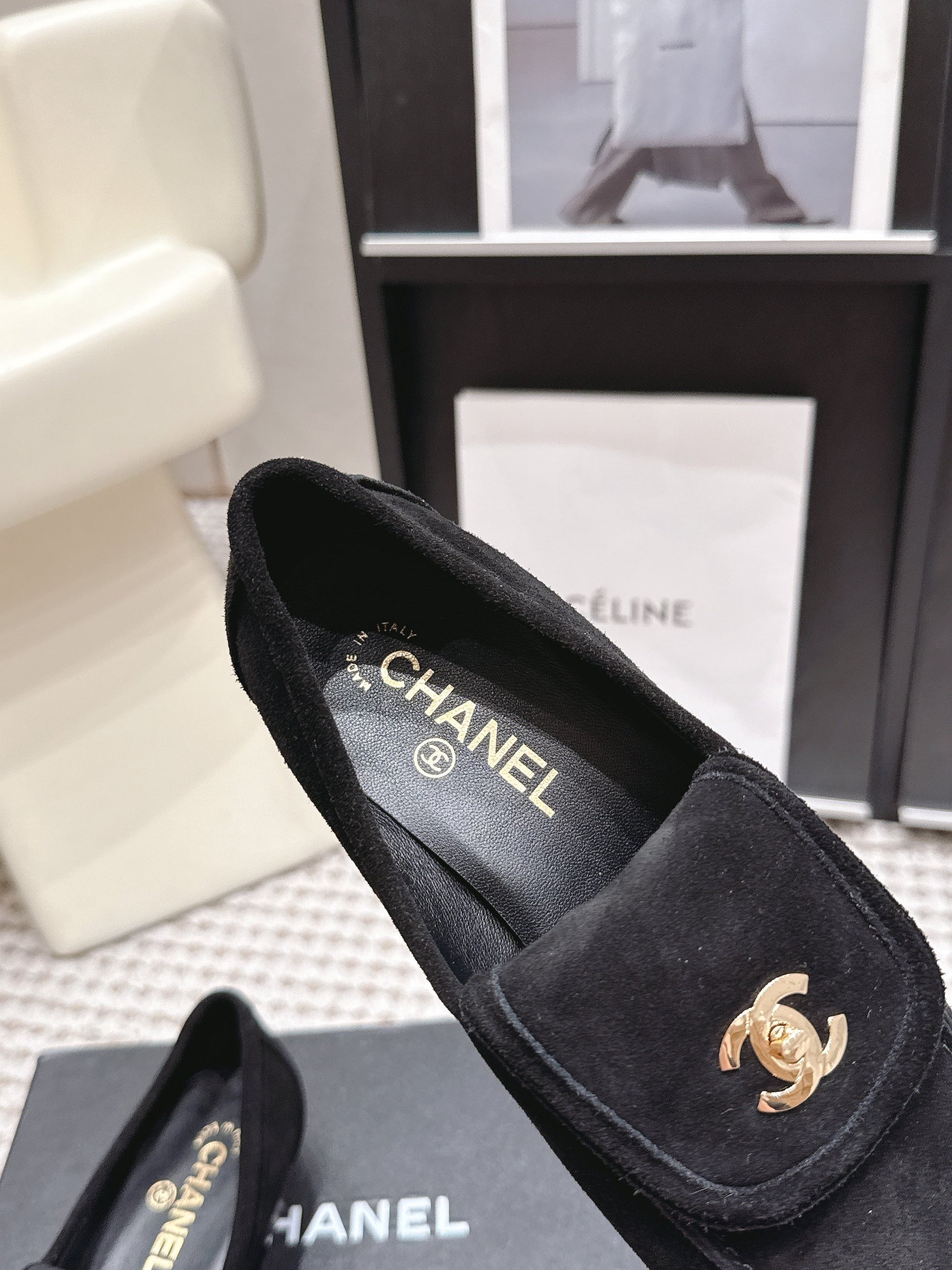 26S LOAFERS IN BLACK SUEDE WITH GOLD-TONE CC LOGO mysite