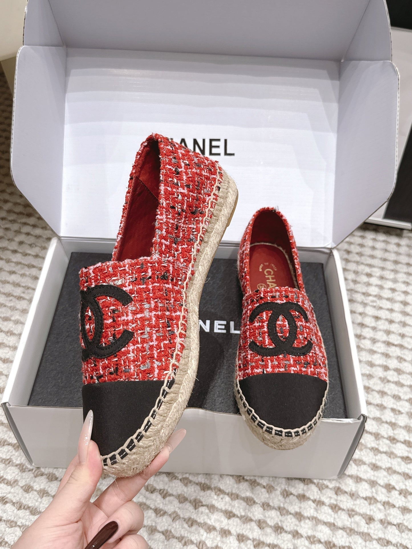 CHANEL 26S SLIP ONS IN RED MIX BLACK TWEED AND PATENT CALFSKIN mysite