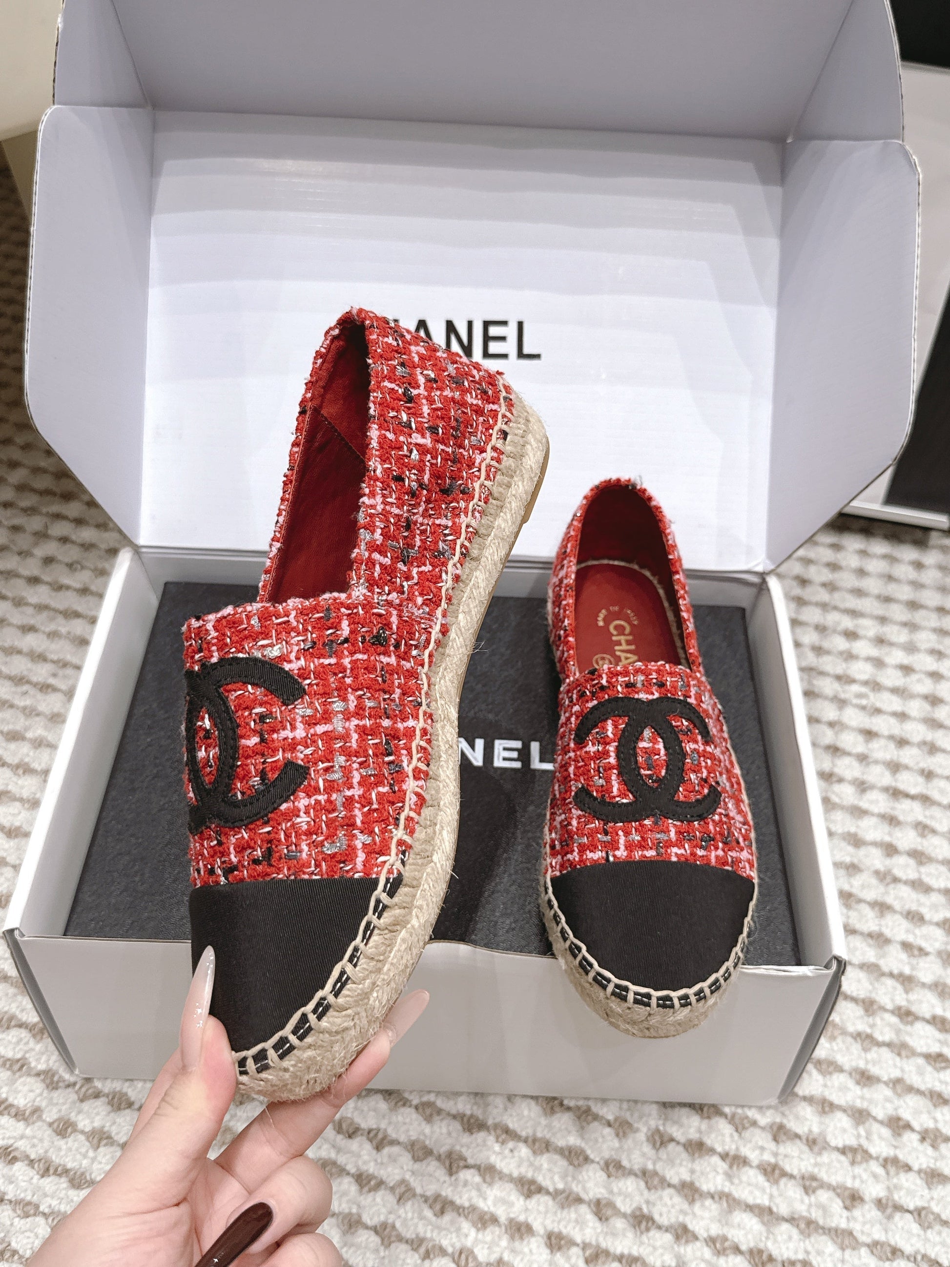 CHANEL 26S SLIP ONS IN RED MIX BLACK TWEED AND PATENT CALFSKIN mysite