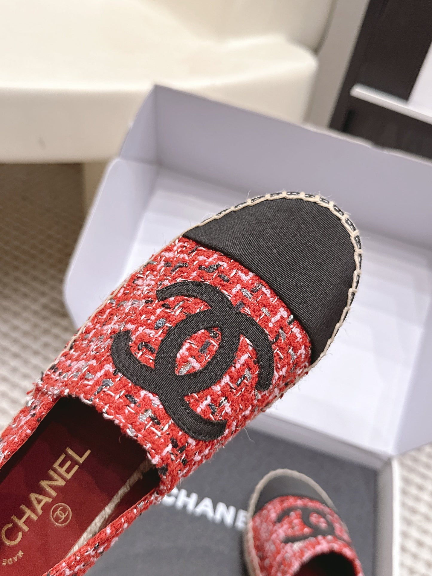 CHANEL 26S SLIP ONS IN RED MIX BLACK TWEED AND PATENT CALFSKIN mysite
