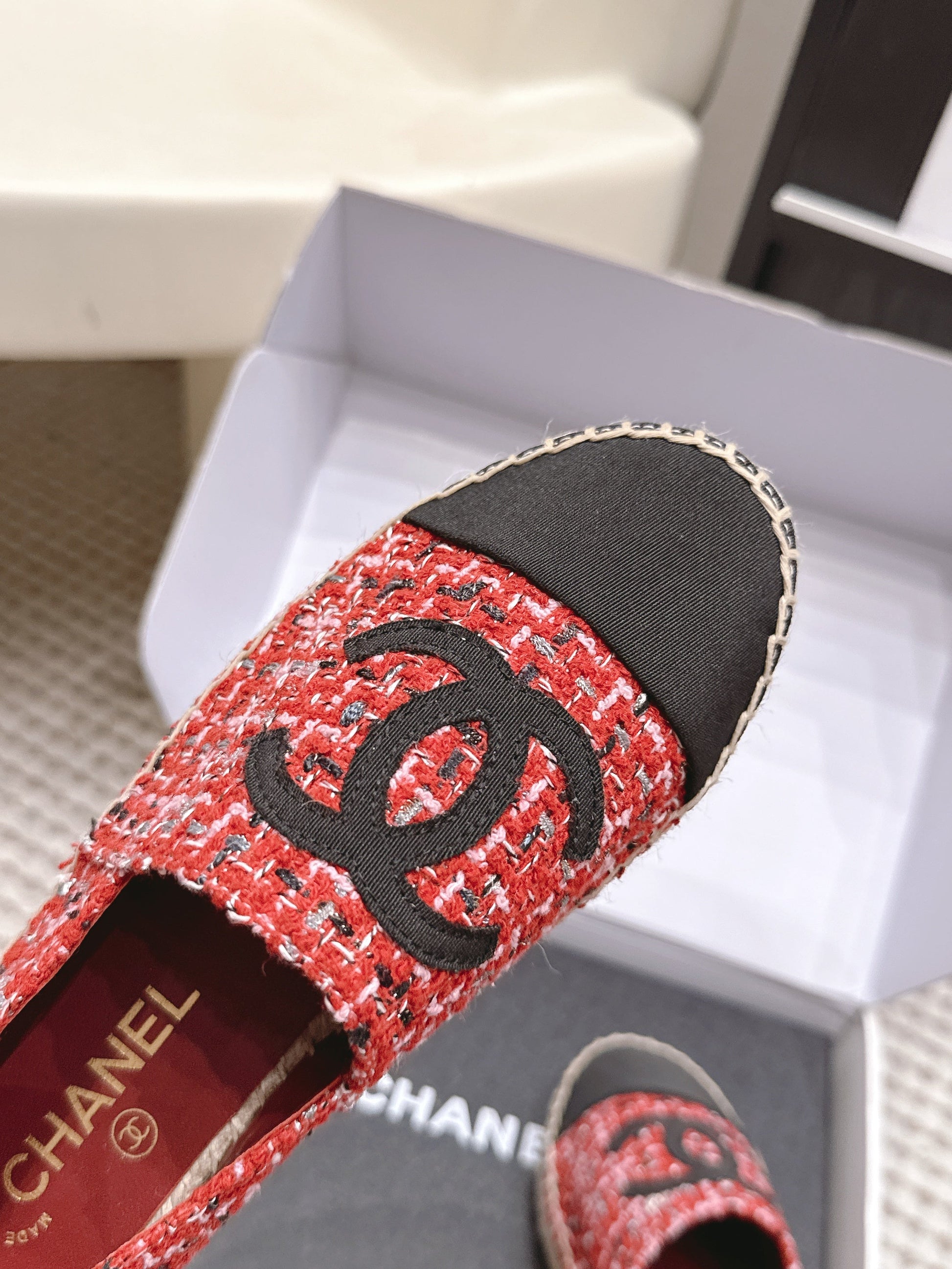 CHANEL 26S SLIP ONS IN RED MIX BLACK TWEED AND PATENT CALFSKIN mysite