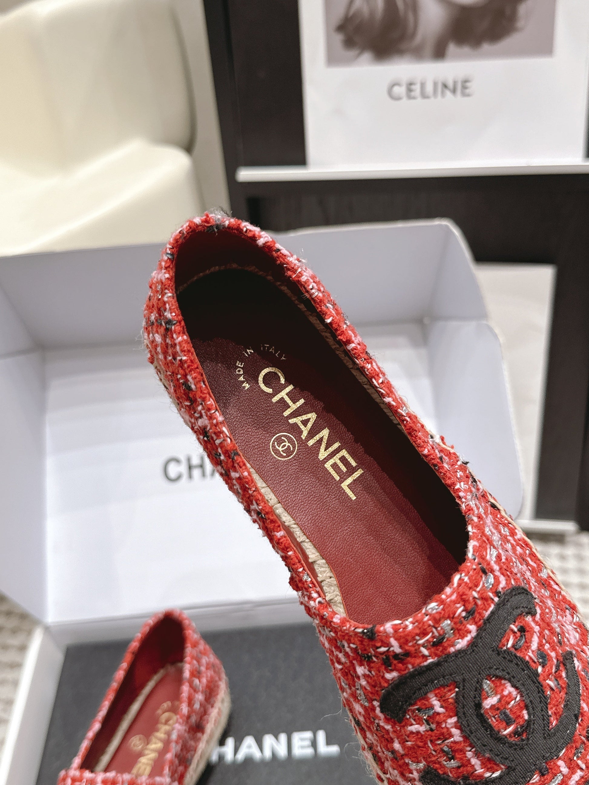 CHANEL 26S SLIP ONS IN RED MIX BLACK TWEED AND PATENT CALFSKIN mysite