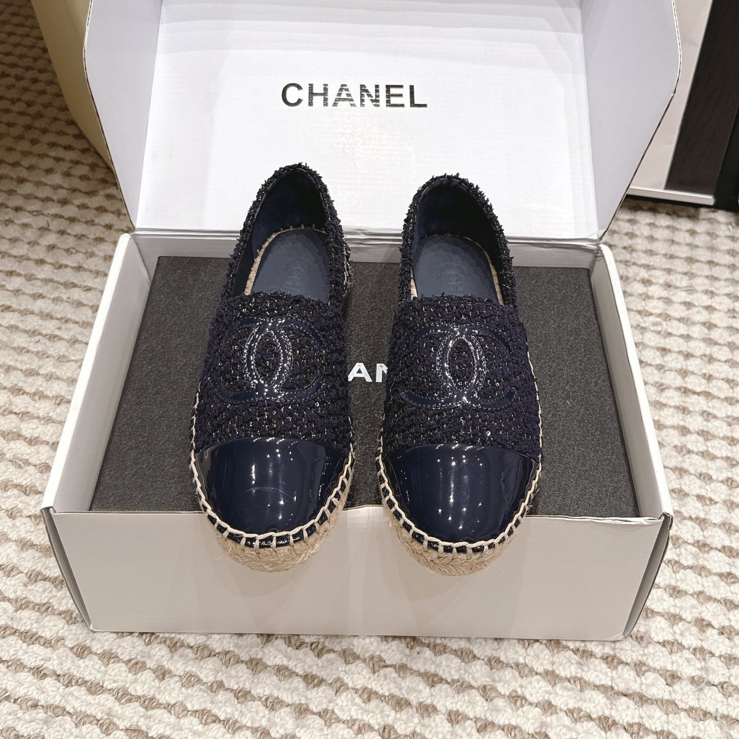26S SLIP ONS IN NAVY BLUE TWEED AND PATENT CALFSKIN mysite