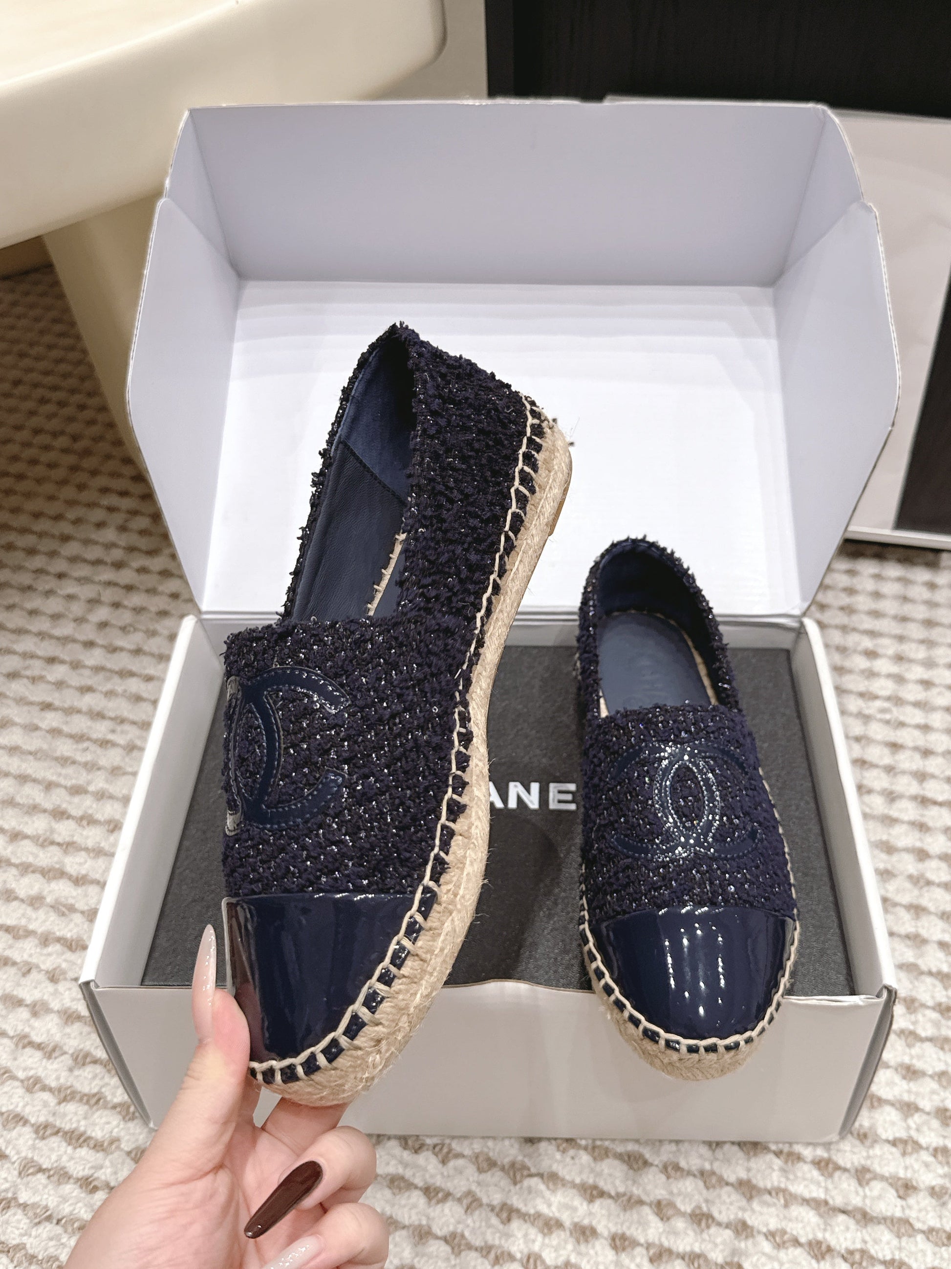 26S SLIP ONS IN NAVY BLUE TWEED AND PATENT CALFSKIN mysite