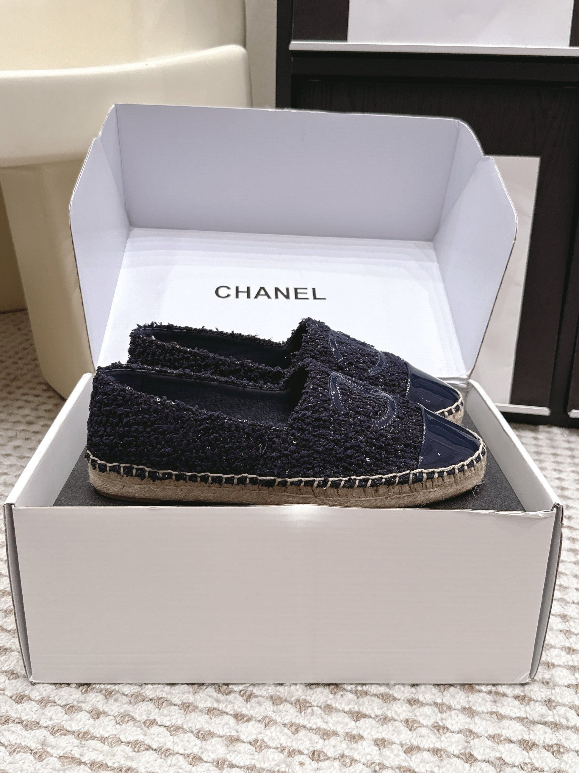 26S SLIP ONS IN NAVY BLUE TWEED AND PATENT CALFSKIN mysite