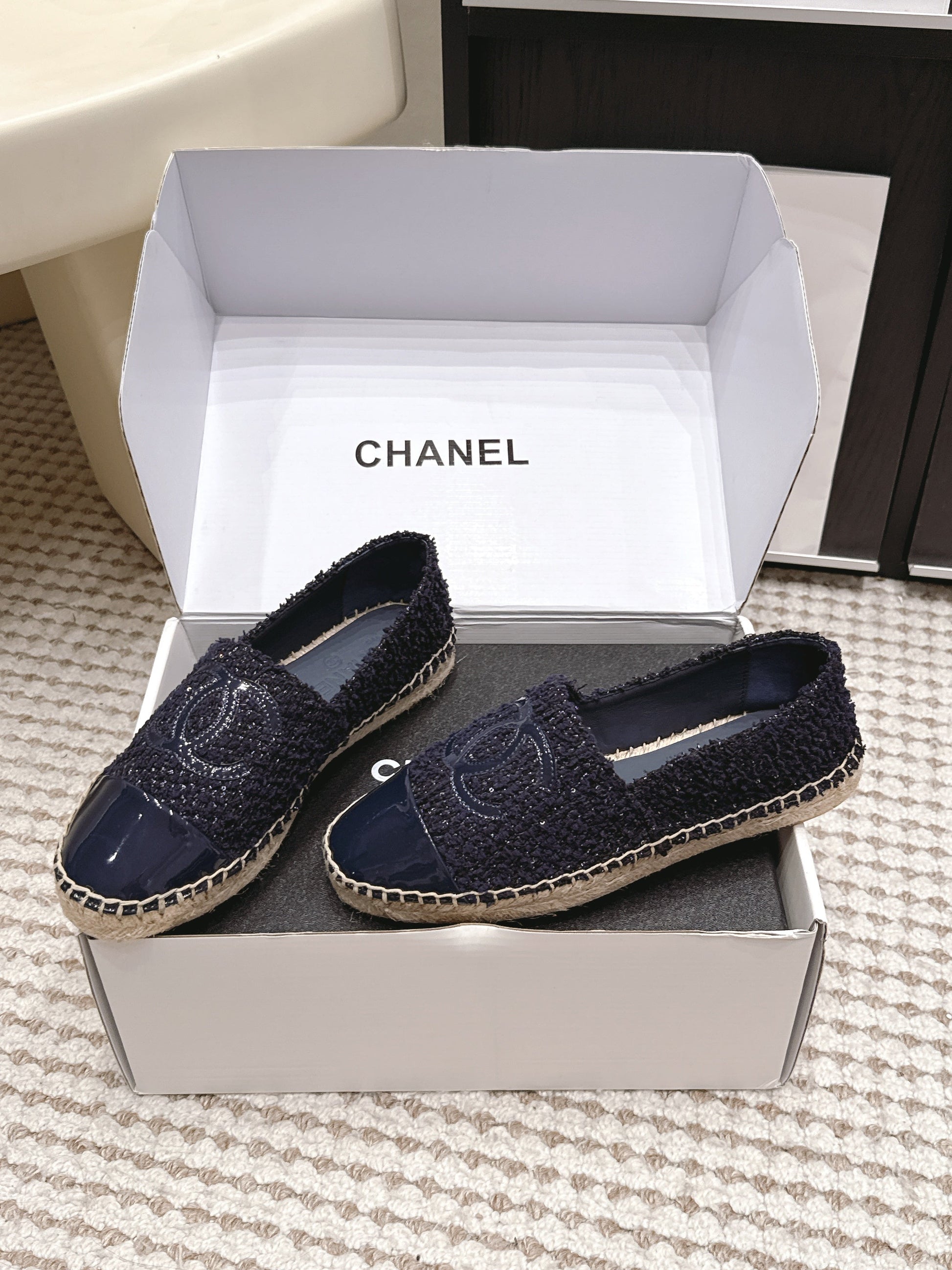26S SLIP ONS IN NAVY BLUE TWEED AND PATENT CALFSKIN mysite