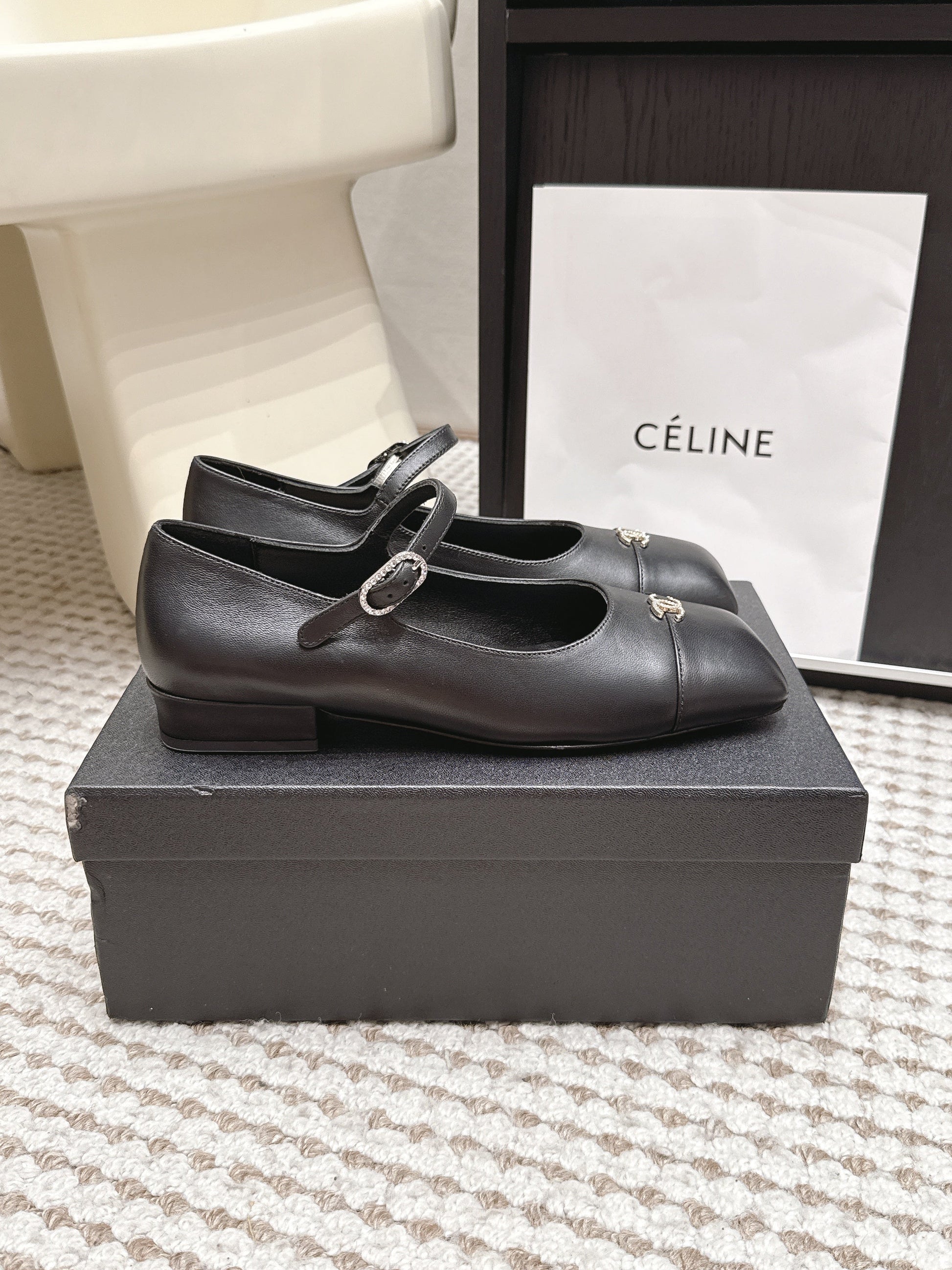 26S SQUARE TOE MARY JANE FLATS IN BLACK CALFSKIN mysite