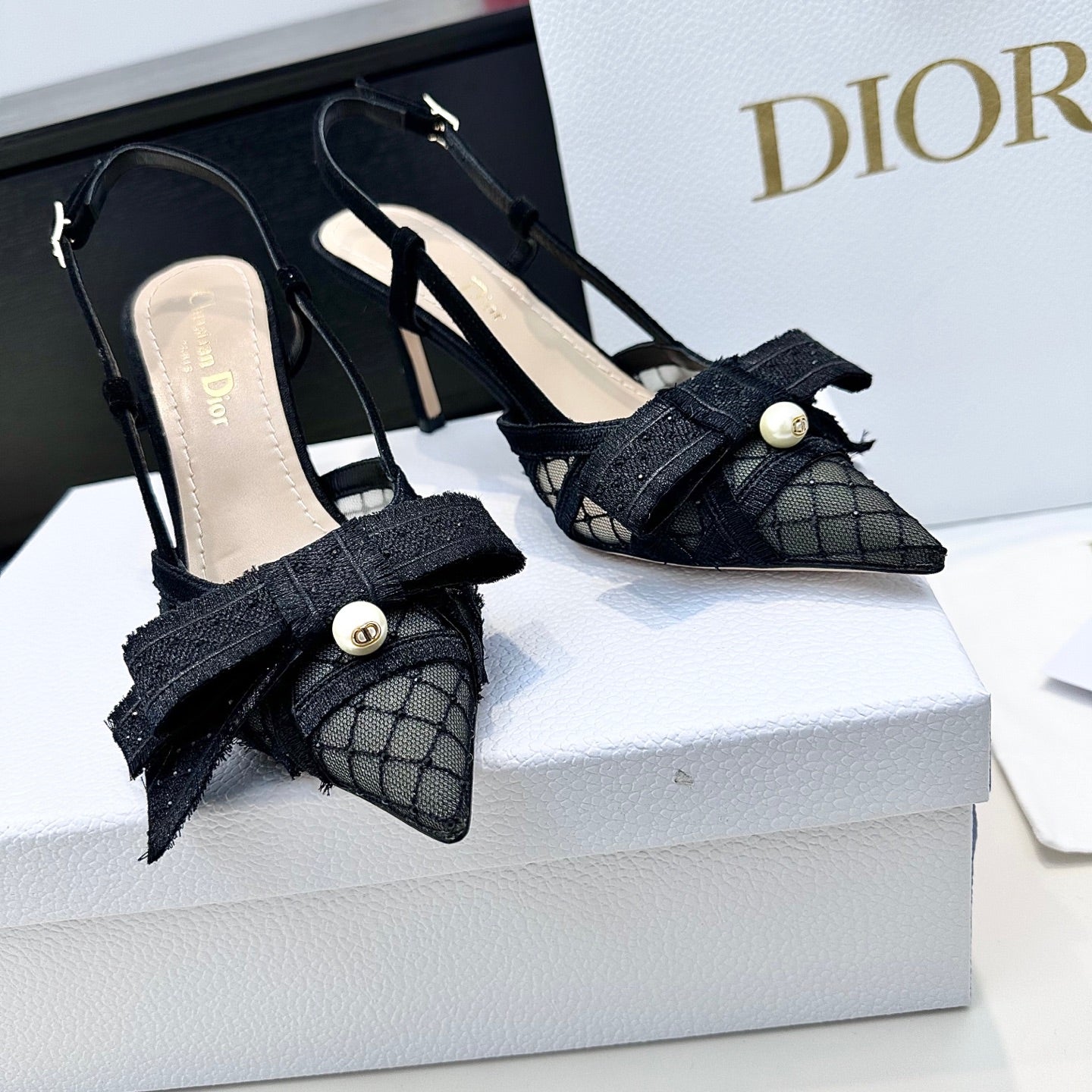 DIOR 26S POINTED TOE HEELED SANDALS 85MM IN BLACK FABRIC WITH PEARL BOW mysite