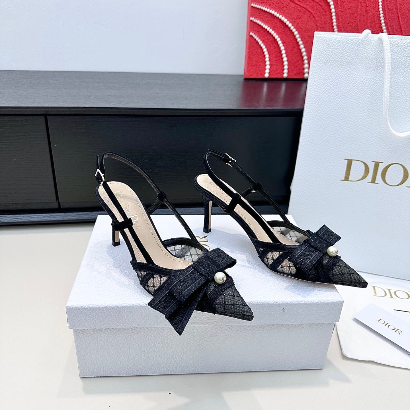 DIOR 26S POINTED TOE HEELED SANDALS 85MM IN BLACK FABRIC WITH PEARL BOW mysite