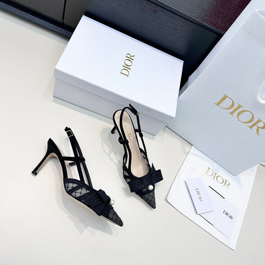 DIOR 26S POINTED TOE HEELED SANDALS 85MM IN BLACK FABRIC WITH PEARL BOW mysite